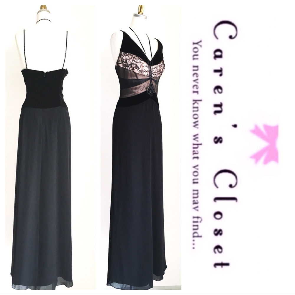 Rimini Black Chiffon Lace & Velvet Formal Gown